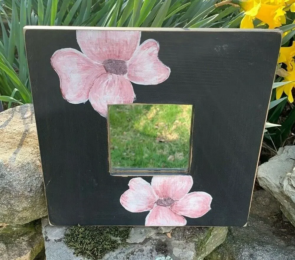 Handpainted ReFab Mirror Wall 10 x 10 Black with Dogwood Flowers Wall Hanging